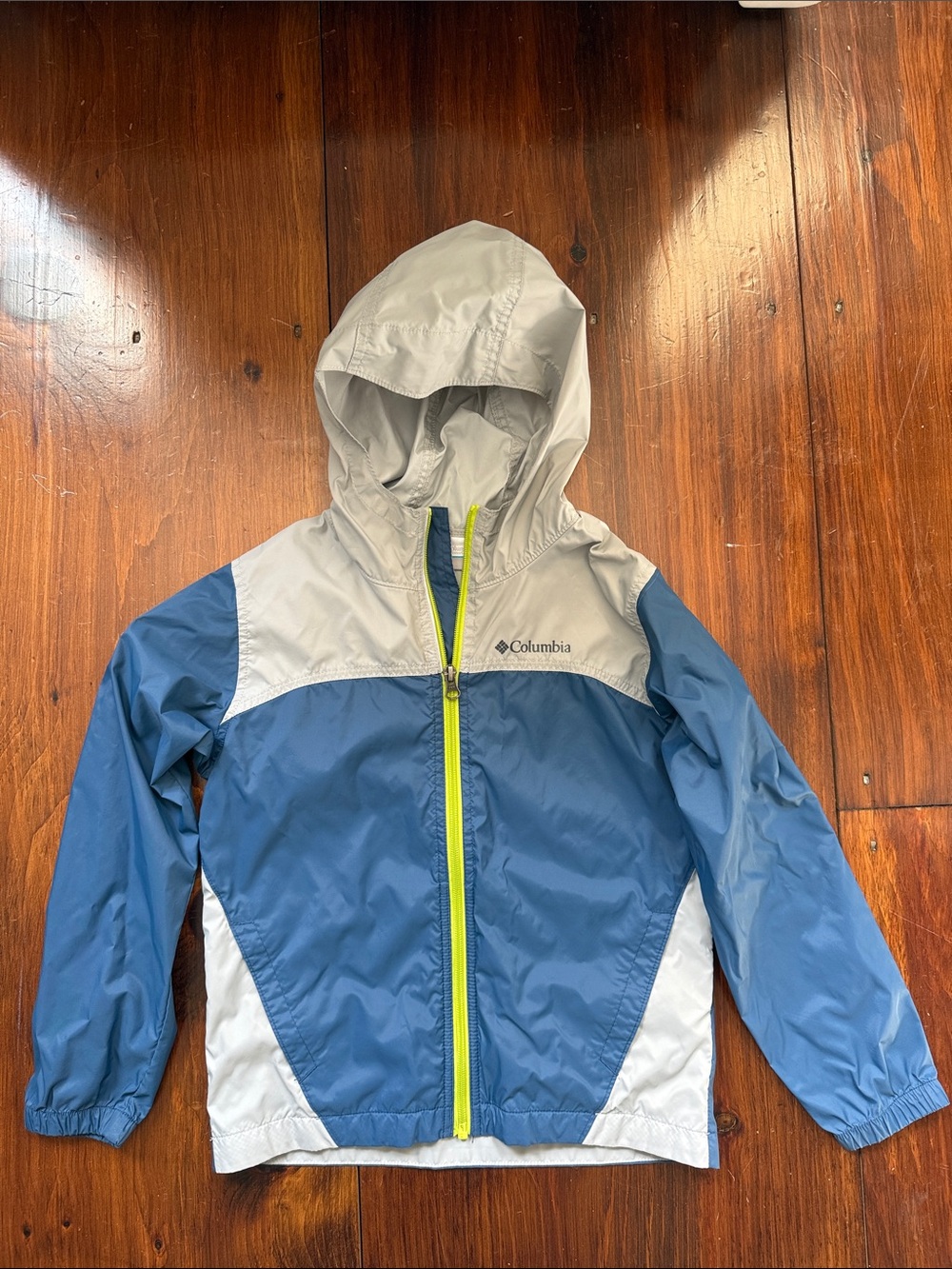 Columbia Blue and Light Gray Kids' Hooded Rain Jacket with Neon Yellow Zipper